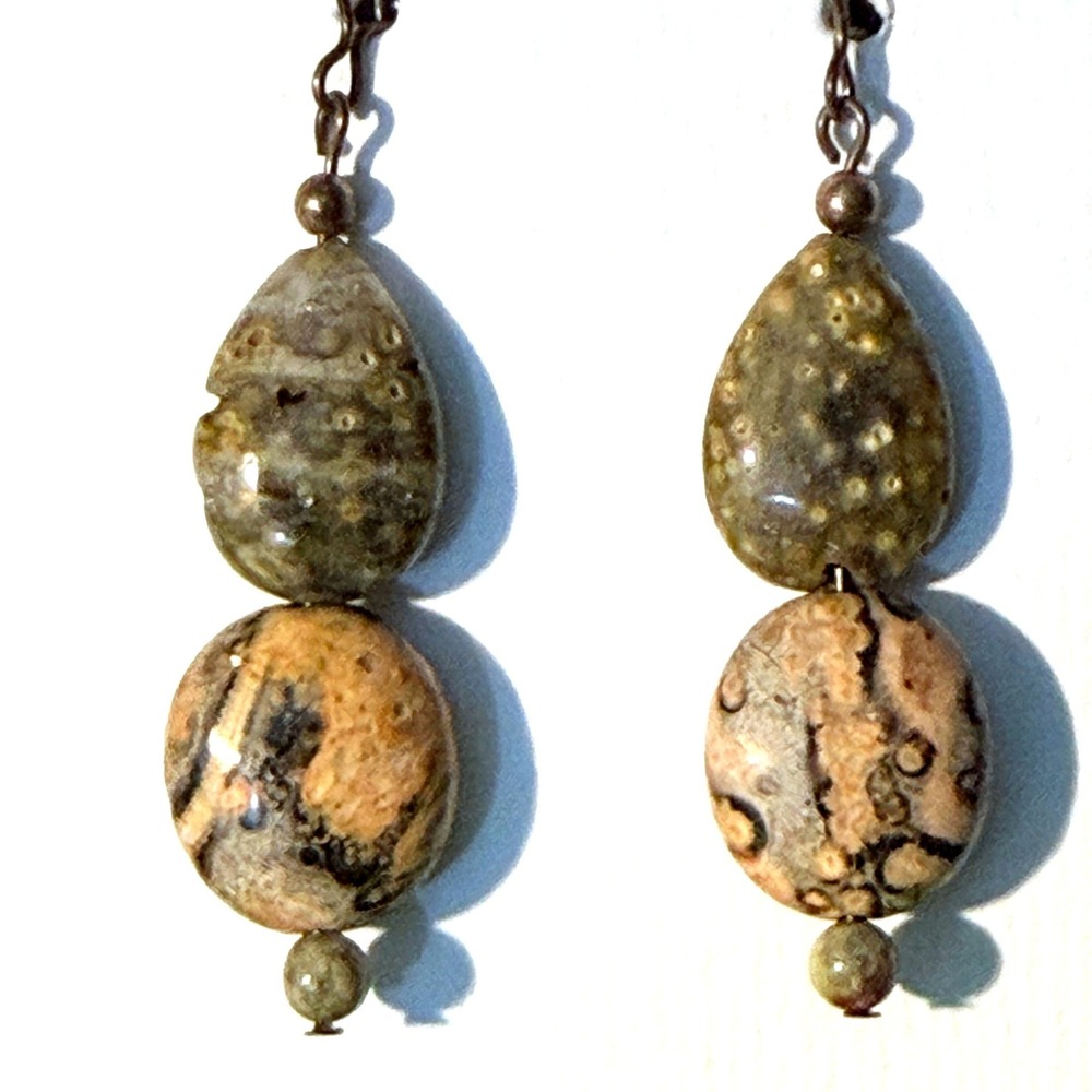 Natural Stone Earrings New Handmade by Stephanie Aune Jasper Fossil Coral Drop